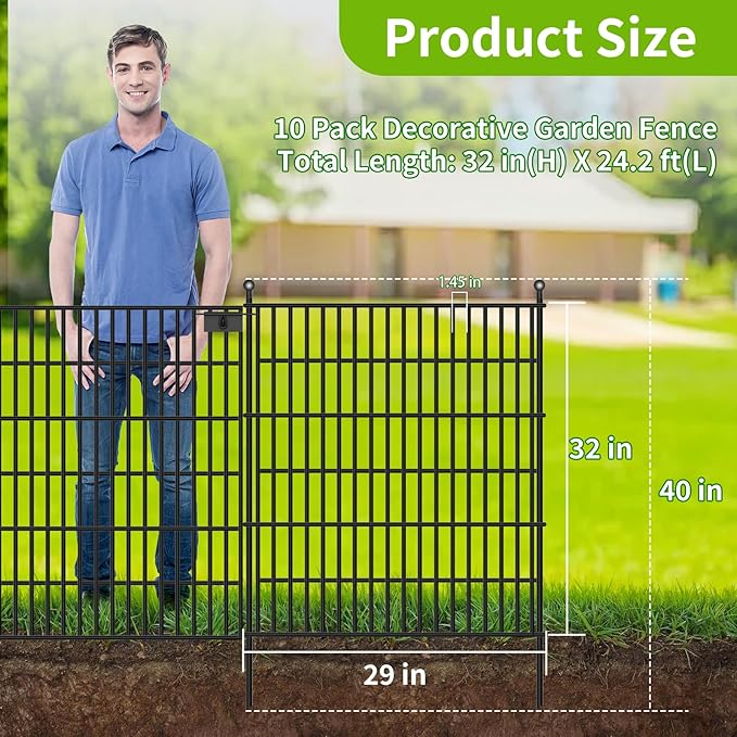 10 Panels No Dig Garden Fence with Gate, 32 in(H) X24.2 ft(L) Metal Fence Panels, Thickened Rustproof Garden Fencing, Animal Barrier Fence for Dogs, Rabbits, and Patio