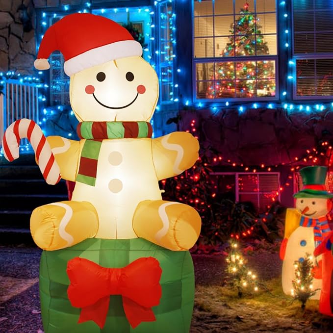 Christmas Inflatable Gingerbread Man with Giant Gift Box 6 FT, Outdoor Xmas Holiday Decorations Blow Up, Inflatable Yard Decorations with Build-in LED Lights