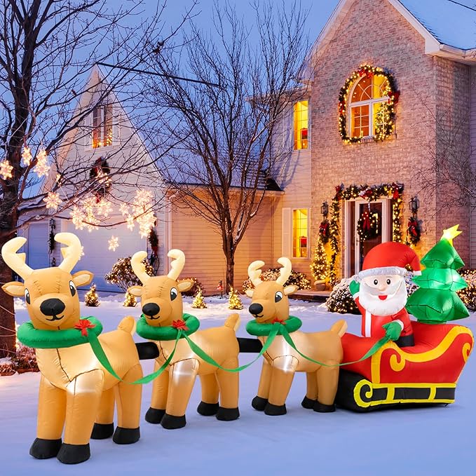 Sizonjoy Outdoor Christmas Inflatables Decorations,13 FT Lighted Christmas Inflatables Santa Claus on Sleigh with 3 Reindeer & Christmas Tree for Indoor Outdoor Home Holiday Yard Decorations
