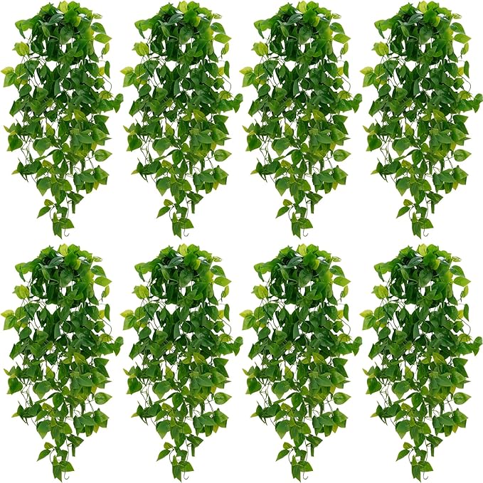 BLEUM CADE Fake Hanging Plants, 8pcs Artificial Hanging Plant, Faux Pothos Vines Hanging Plant Greenery for Wall Home Living Room Indoor Outdoor Decor (No Baskets)