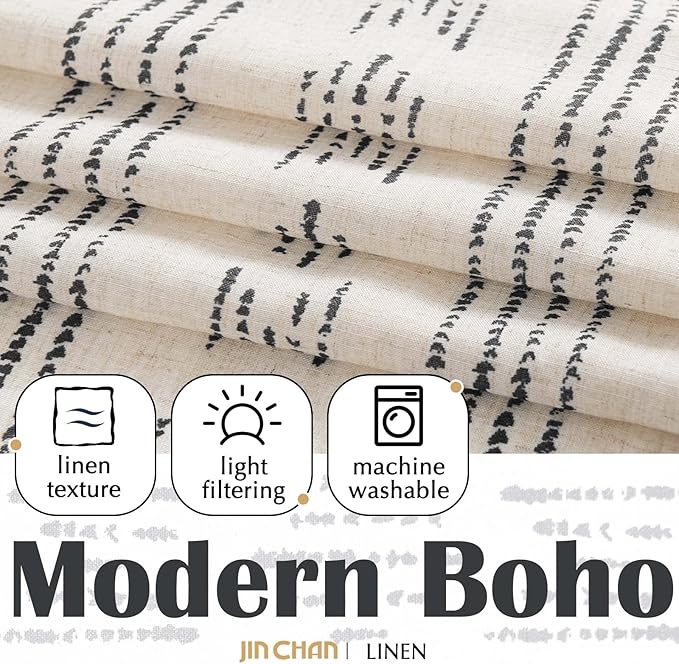 jinchan Boho Kitchen Curtains Linen Tier Curtains 36 Inches Bohemian Cafe Small Drapes Striped Mudcloth Farmhouse for Bathroom RV Camper Light Filtering Rod Pocket 2 Panels Black on Beige