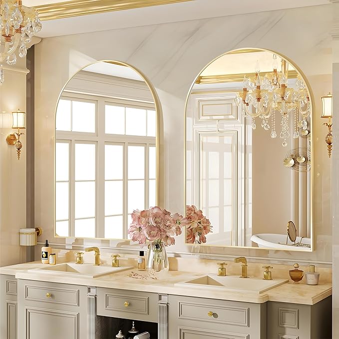 Arched Wall Mirror 24"X36", Gold Bathroom Vanity Mirrors for Over Sink, Modern Farmhouse Mirror Wall Mounted, Curved Arch Design for Bedroom, Living Room & Home Decor