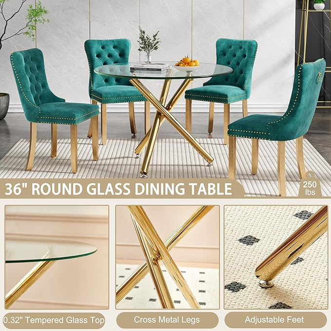 36" Round Dining Table for 4, Modern Clear Glass Kitchen Table for 4 with Gold Cross Metal Legs, Contemporary Small Circle Dining Room Leisure Tables for Kitchen Apartment