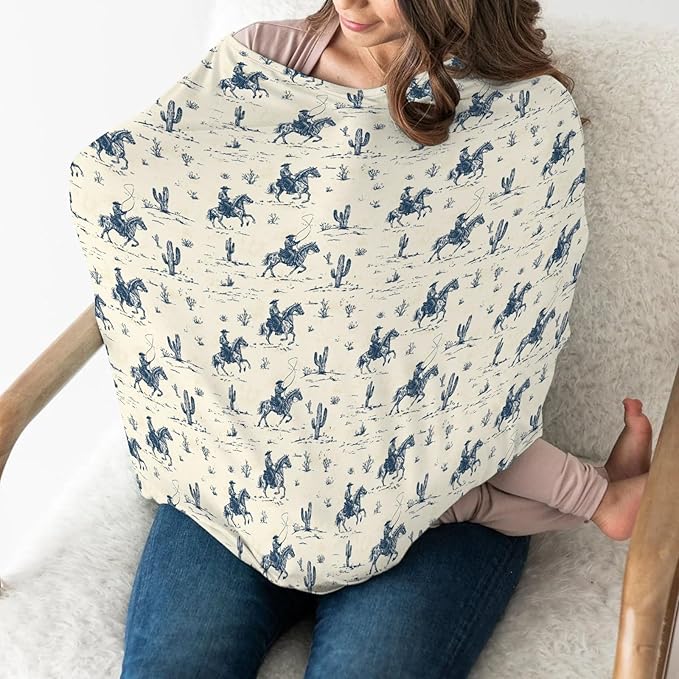 Vintage Western Cowboy Baby Car Seat Covers Retro Cowboy Cactus Horse Stretchy 5-in-1 Cover Adjustable Infant Carseat Canopy Cover Wild Desert Country Breathable Nursing Cover-Up