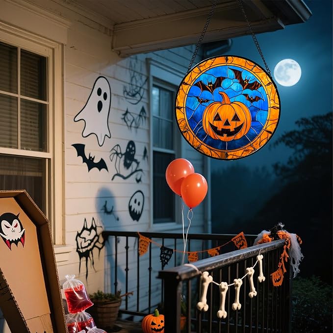 Stained Glass Window Hanging - Halloween Evil Pumpkin Suncatcher for Doors Window Garden Indoor Spooky Brown Bat Sun Catchers Gothic Decor Horror Gifts for Women Men Friend Boy Girl 7.8 in