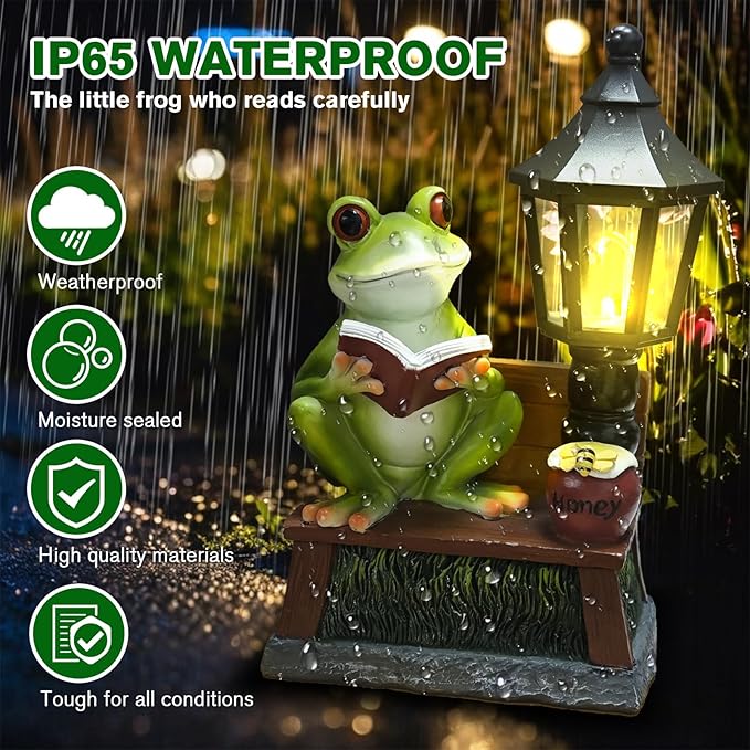 Frog Garden Statue Home Outdoor Decor - Solar Frogs Learning Sculptures Auto LED Waterproof Lights, Garden Outside Figurine Ornament, Women/Gardening/Housewarming Gift for Yard/Pond