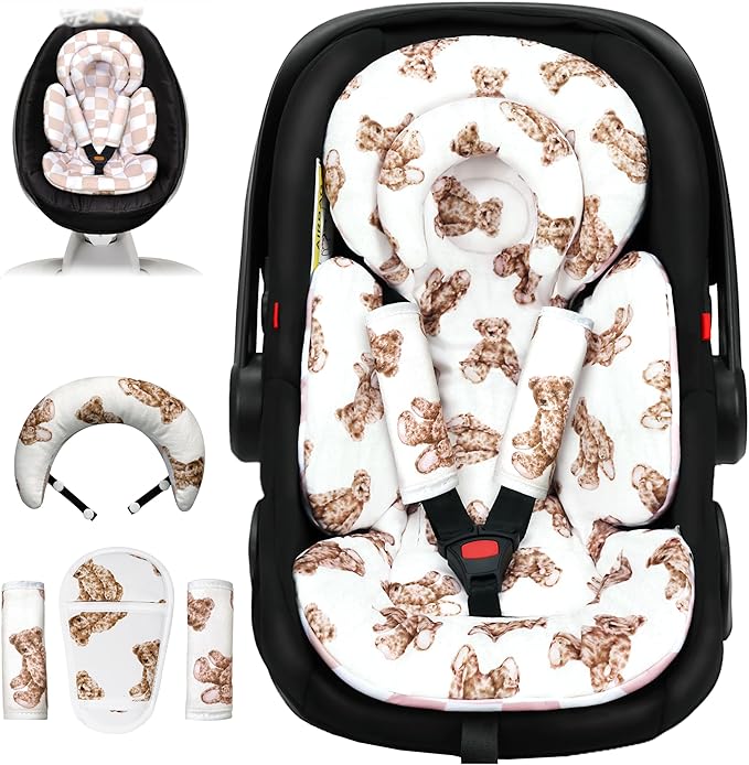 Tinlyfinly Infant Car Seat Insert with Removable Cushion for Preemie to Toddler, Reversible Newborn Carseat Insert for Baby Head Body Support, Fits for Stroller, Baby Swing, Bouncer (Teddy Bear)