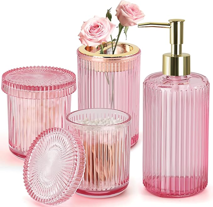 RYTOXILO Pink Bathroom Accessories Set, Pink Bathroom Decor Accessory Sets Complete, 4 Pack Ribbed Grils Soap Dispenser and Toothbrush Holder Set with 2 Qtip Holders, Girly Bath Counter Essentials