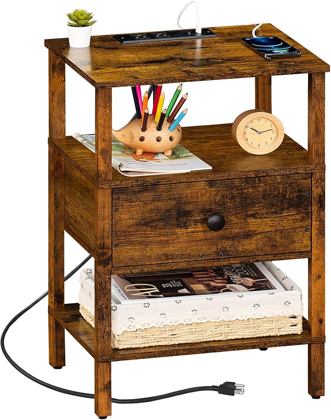 Lerliuo Nightstand with Charging Station and USB Ports, 3-Tier Storage End Table with Drawer Shelf, Night Stand for Small Spaces, Wood Bedside Table for Living Room, Bedroom - Retro Brown…