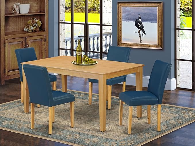 East West Furniture CAAB5-OAK-55 5 Piece Dining Set Includes a Rectangle Dining Room Table and 4 Oasis Blue Faux Leather Upholstered Parson Chairs, 36x60 Inch, Oak