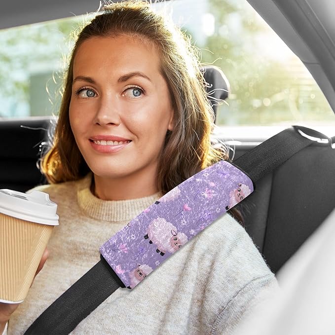 2 Pack Seatbelt Covers Seat Belt Cover Pad for Adults Boys Girls Car Seat Strap Covers Pads Cushion Universal Shoulder Strap Pad Protector for Backpack Camera Bag 10x7.7Inch Purple Cute Floral Sheep