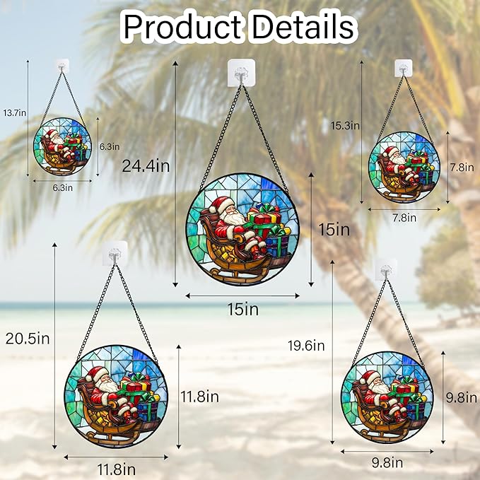 Stained Glass Window Hanging - Santa Claus Gift BoxSuncatcher for Doors Home Christmas Decoration Winter Sun Catcher Thanksgiving New Year Birthday Gift for Women Men Mom Nana 15 in