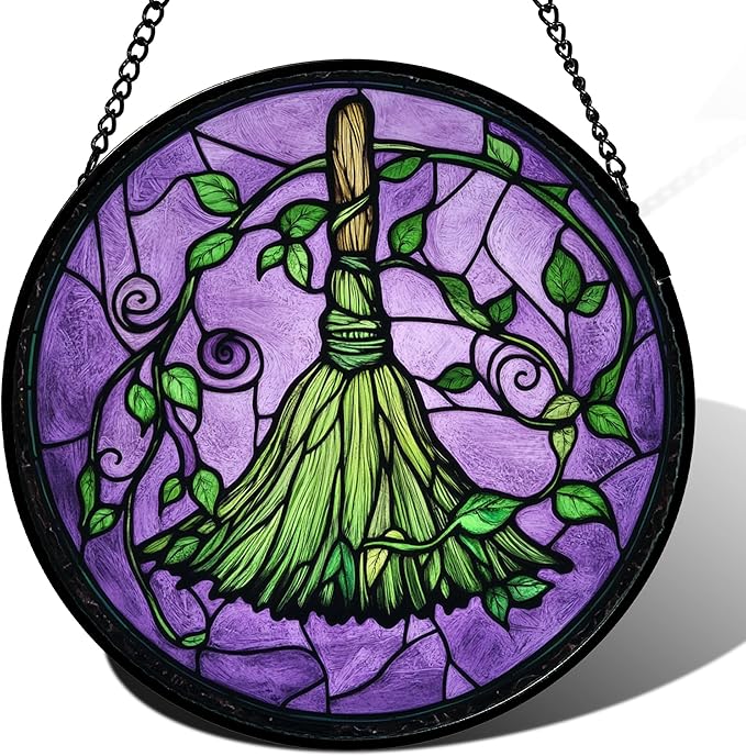 Stained Glass Window Hanging - Halloween Decorations Witch Magic Broom Suncatcher for Doors Garden Indoor Funny Spooky Sun Catchers Gothic Decor Horror Gifts for Women Men Friend 7.8 in