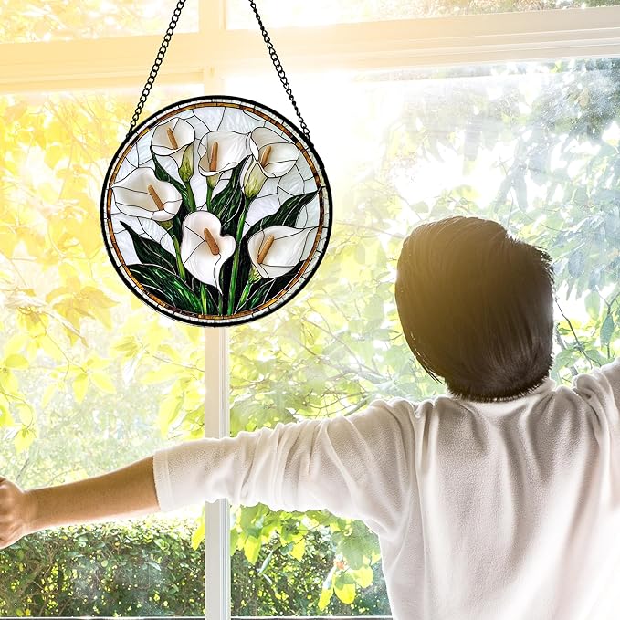 Stained Glass Window Hanging, White Calla Lily Flowers Sun Catchers Glass Panel Plant Suncatcher Decor for Birthday for Women, Men, Wife, Aunt, and Mom 7.8 in