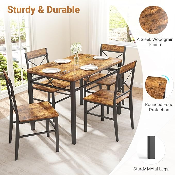 5-Piece Dining Table Set, Dining Table Set for 4, Small Kitchen Table Set for 4, Wood Dining Room Table, with 4 Curved Backrest Chairs, Compact Dining Set for Small Spaces & Kitchen-Brown