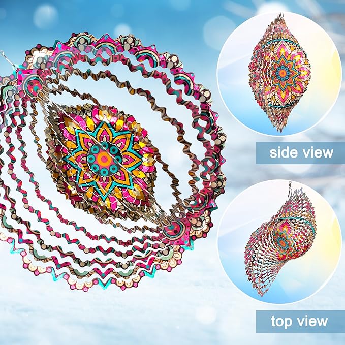 Mandala Blossom Wind Spinner - Metal Wind Spinners | 12inch 3D Kinetic Laser Cut Hanging Wind Sculpture & Wind Catcher | Outdoor Decor for Garden, Patio, Yard Art
