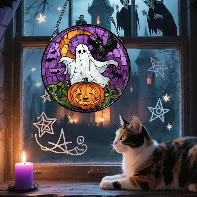 Stained Glass Window Hanging Halloween Scary Purple Night Sky Bat Ghost 9.8" - Suncatcher Door Garden Sun Catcher Gothic Home Decor Birthday Horror Gifts for Mom Men Woman Friend