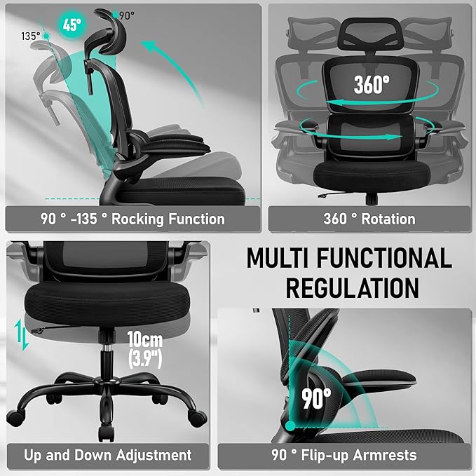 High Back Ergonomic Office Chair, Breathable Mesh Desk Chair with Lumbar Support, Adjustable Headrest, Flip-up Armrests, Computer Gaming Chair