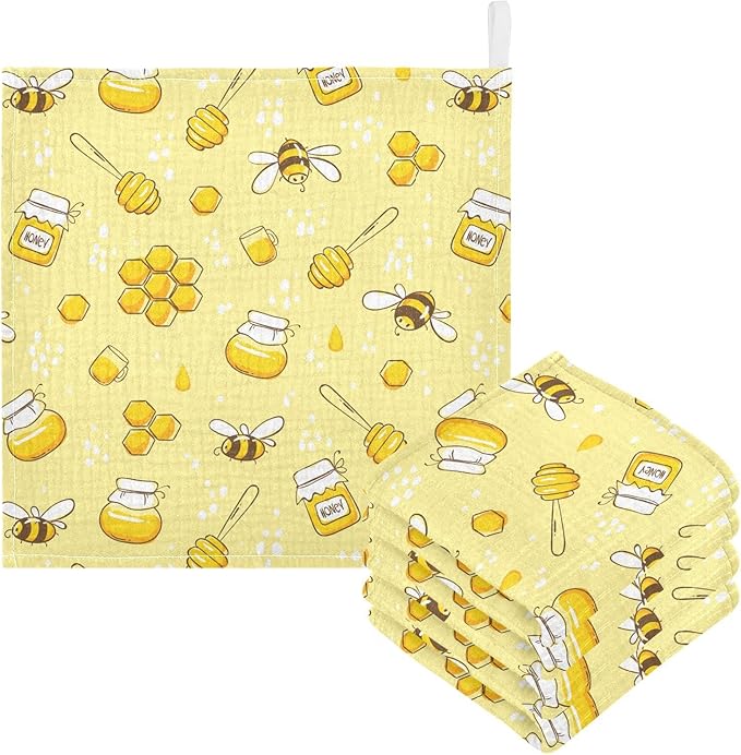Baby Washcloths Cotton Flying Bees Honey Baby Muslin Washcloths Soft Baby Face Towel for Newborn Infants Baby Wipes, 11.8 X 11.8 Inch, 5 Pack Yellow