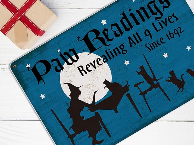 Halloween Decor Paw Readings 9 Lives Black Cats Withces Goth Decor Metal Sign Vintage Tin Sign Party Decoration 8X12 Inch