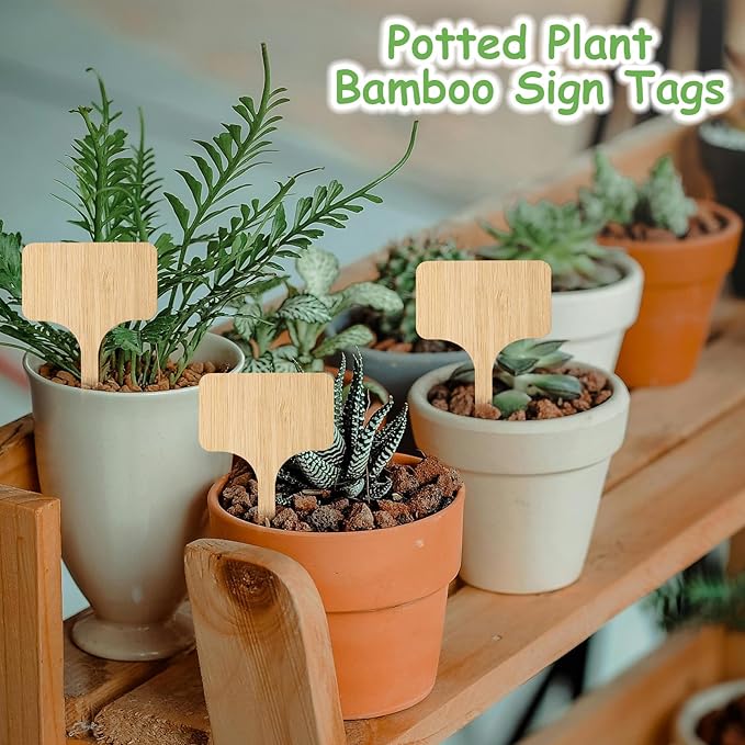 70Pcs Bamboo Plant Labels with 1 Marker Pen, T-Type Natural Seedling Nursery Sign Tags, Wood Garden Markers Decorative Patio Tags for Outdoor Indoor Potted Plants Herbs Flowers Vegetables
