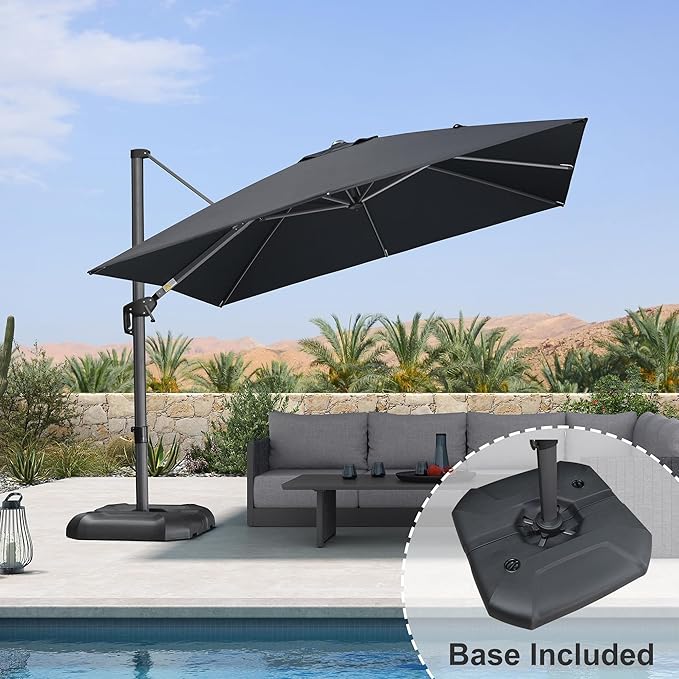 PURPLE LEAF 10 Feet Square Cantilever Umbrella Patio Umbrella with Base Outdoor Umbrella Aluminum Offset with 360-degree Rotation for Garden Deck Pool Patio Black