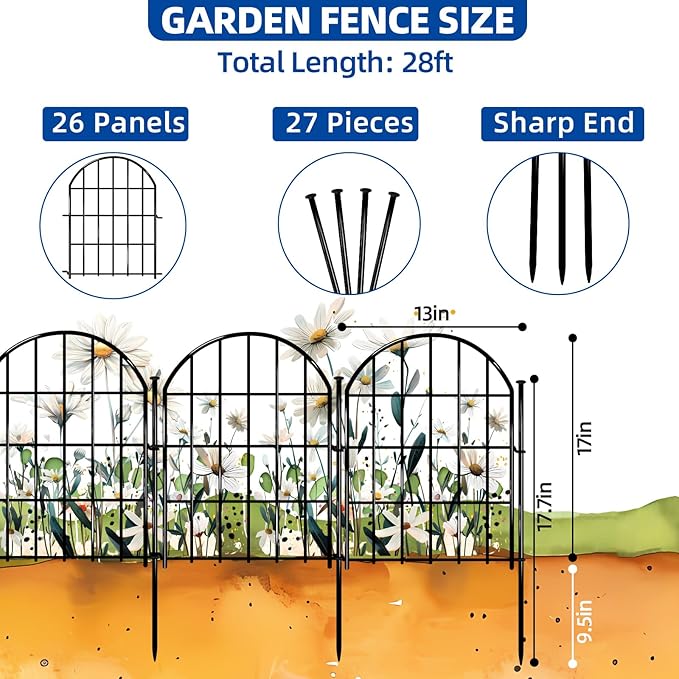26 Pack Decorative Garden Fence, 22in X 28ft Arched No Dig Fence Border, Garden Edging Border, Rustproof Metal Animal Barrier with Ground Stake for Dog, Rabbit, Outdoor Yard Patio Decor