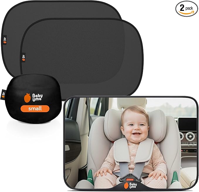 Baby Uma Car Window Shades + Baby Car Mirror - UPF 50+ Window Shade 2 Pack PLUS 1 Shatterproof, XL View Mirror for Baby, Easy On 'n Off, Newborn Essentials