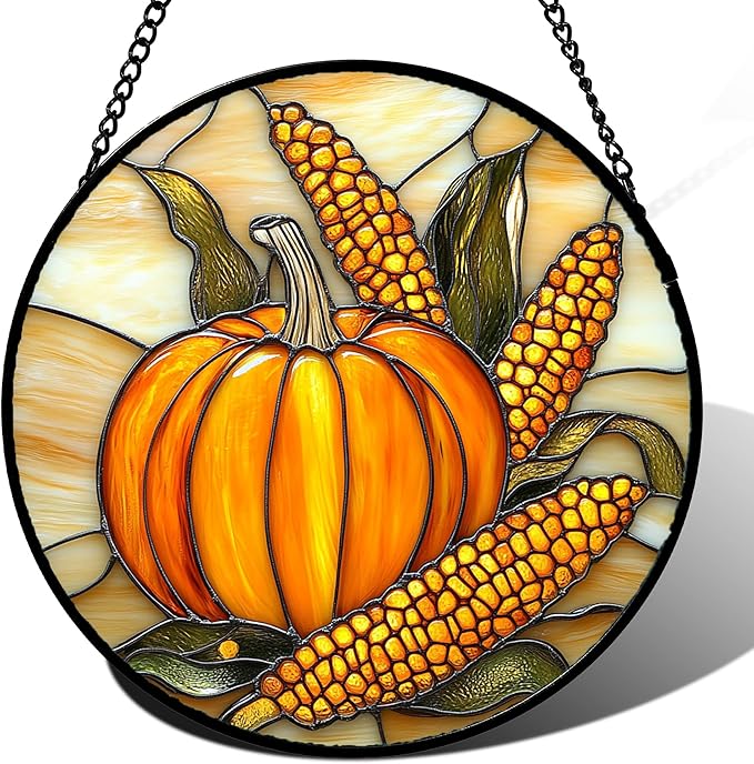 Stained Glass Window Hanging Autumn Harvest Pumpkin Corn 7.8" - Suncatcher Door Garden Kitchen Sunroom Sun Catcher Fall Home Decor Birthday for Mom Grandma Men Woman