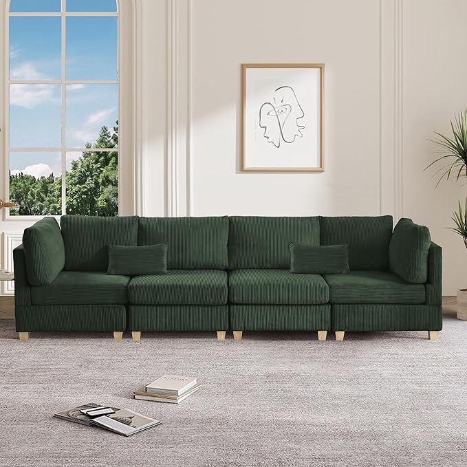 126" Convertible L-Shaped Modular Sectional Sofa, 4 Seater Corduroy Upholstered Corner Sofa Couch with Extra Wide Deep Seat, DIY Combination Lounger Sofa with Solid Wood Legs for Living Room Office