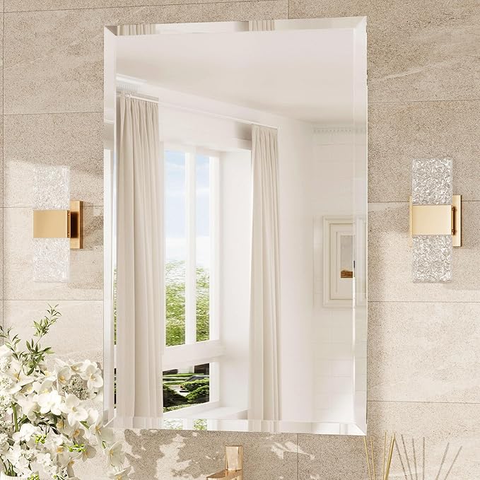 TokeShimi 24x36 Beveled Wall Mirror Decorative, Bathroom Vanity Mirrored with 1" Beveled Edge, Shatterproof Modern Frameless Mirror Bathroom Rectangle for Living Room, Entryway, Restroom