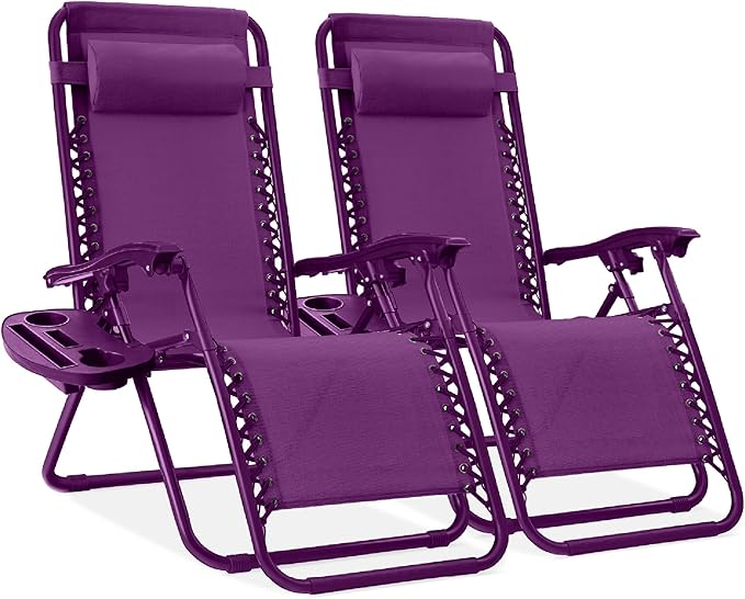 Best Choice Products Set of 2 Adjustable Steel Mesh Zero Gravity Lounge Chair Recliners w/Pillows and Cup Holder Trays - Amethyst