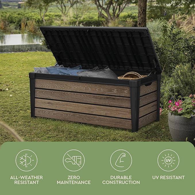 Keter Everwood 120 Gallon Resin Signature Collection Large Outdoor Storage Box for Patio Furniture, Outdoor Cushions, Garden Tools and Pool Gear, Walnut
