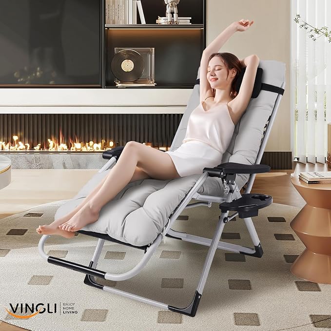 VINGLI Padded Zero Gravity Chair, Lounge Chair with Removable Cushion & Tray， Folding Reclining Patio Chairs， Recliner Chair for Lawn，Indoor and Outdoor