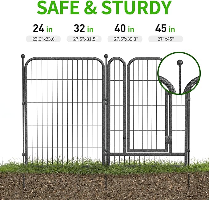 Decorative Garden Metal Fence 18ft (L)×32in (H) with 7 Panels 1Gate Outdoor, No Dig Rustproof Wire, Animal Barrier Fencing for Outdoor Yard Patio Flower Bed,（Black-Silver）