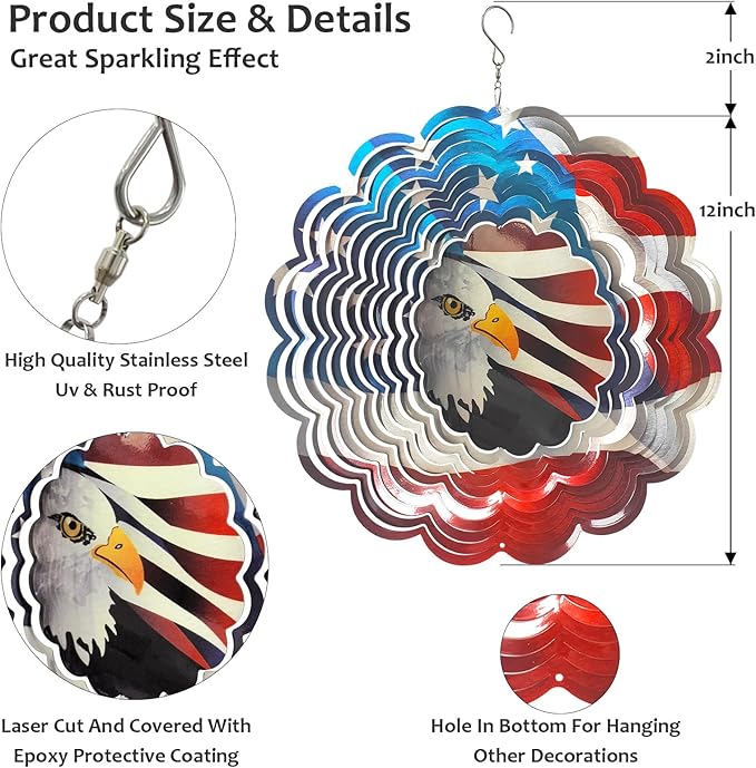 American Flag Wind Spinner - Patriotic Eagle Design | 12In 3D Holographic Hanging Wind Sculptures & Spinners, Outdoor Yard & Garden Decor for 4th of July, Memorial Day | Gift for Men, Women