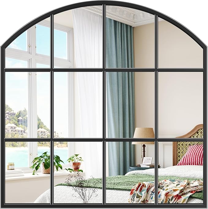 Wide Window Mirror, 28" x 28" Farmhouse Arched Wall Mirror, Rustic Windowpane Mirrors Large Grid for Living Room Bedroom Farmhouse Fireplace Hallway Entryway