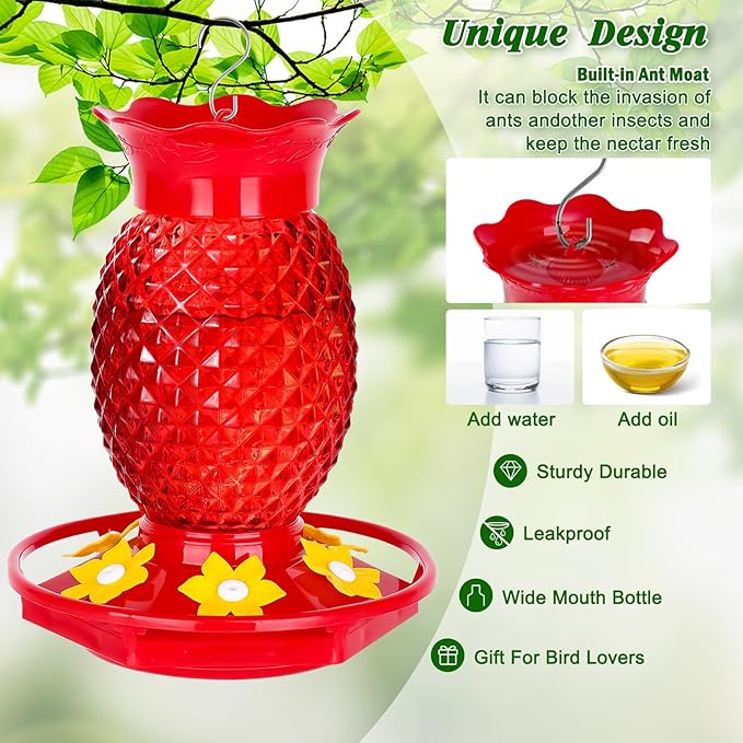 Glass Hummingbird Feeders for Outdoors Hanging Ant and Bee Proof Red 16OZ 1 Pack Pineapple Hummingbird Feeder with Leak Proof for Outside & 6 Feeding Ports Gifts for Women Garden Decor