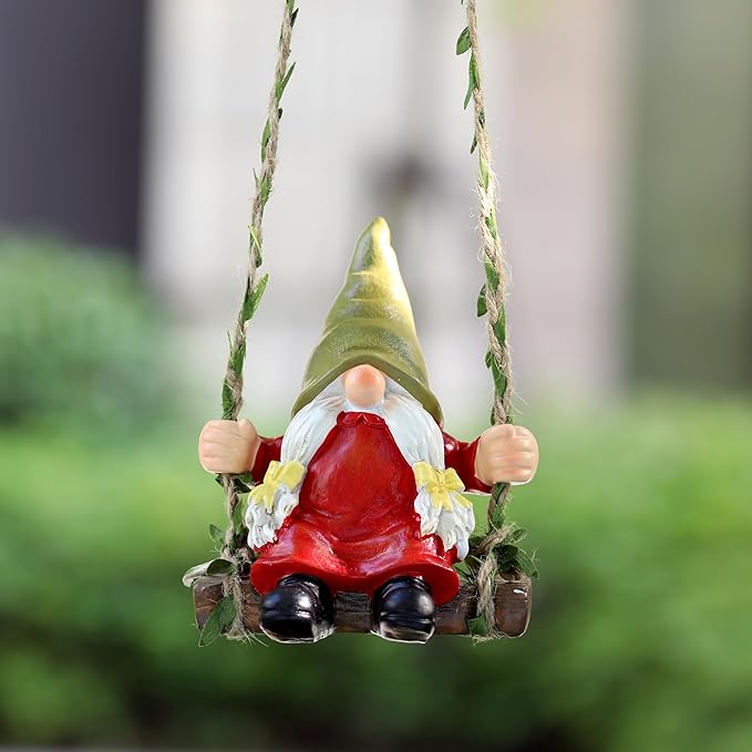 Garden Female Gnome on Swing Statue Decoration Figurine Ornament for Indoor Outdoor Home Patio Yard Lawn,Gift for Mom