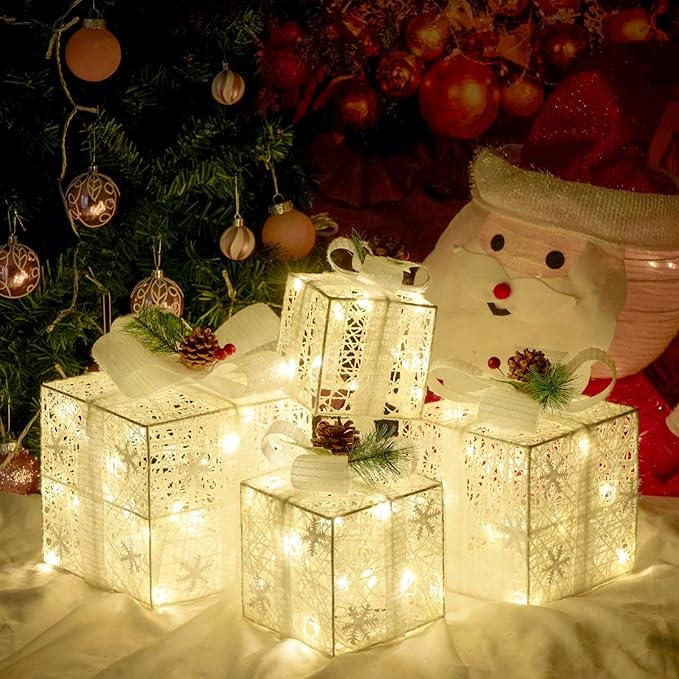 Christmas Lighted Gift Boxes, Pre-lit Present Boxes Set of 3 with Different Sizes, Battery Operated Snowflake Light up Decorations for Holiday Indoor Outdoor (4 Pack)