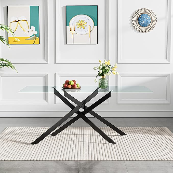 60" Rectangular Glass Dining Table Modern Kitchen Glass Top Table for 6 with Black Metal Legs, Clear Dining Table Kitchen Table for Home Office Dining Room