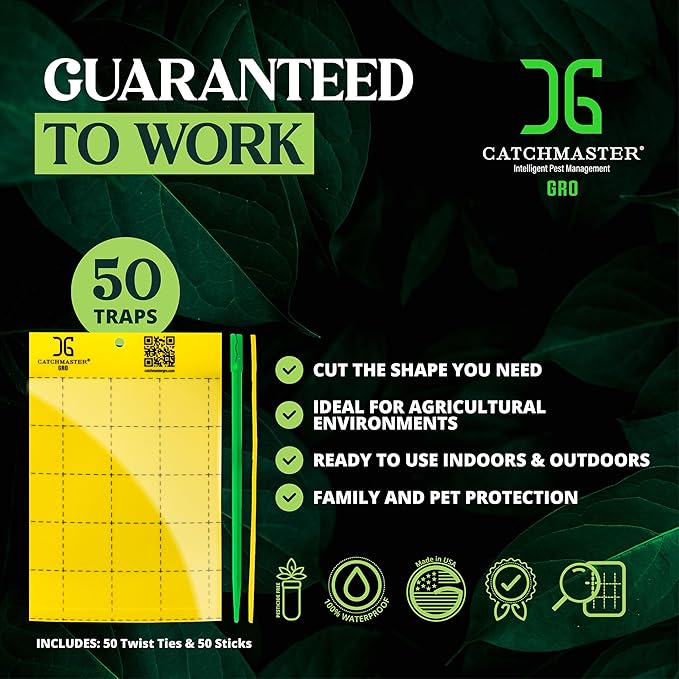 Catchmaster GRO Yellow Large Double Sided Sticky Traps 50PK, Adhesive Bug & Fruit Fly Trap, Pest Control for Home, Farm, Garden, Hydroponics & Greenhouse, Protect Live Plants Indoor & Outdoor