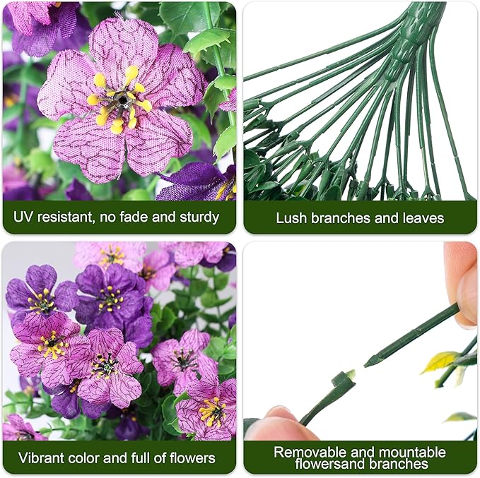 Artificial Faux Hanging Flowers Plants for Spring Outdoor Outside Decoration, 2 PCS Fake Silk Daisy with Eucalyptus UV Resistant Realistic Trailing Vines for Balcony Patio Porch (Darkpurple+Purple)