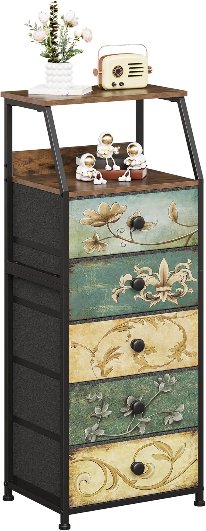 Tohomeor Nightstand with Fabric Drawers Dresser with 2 Tier Shelf Storage Tower for Bedroom Hallway Entryway Closet Organizer Sofa Beside Table Furniture (Multi, 5 Drawers)