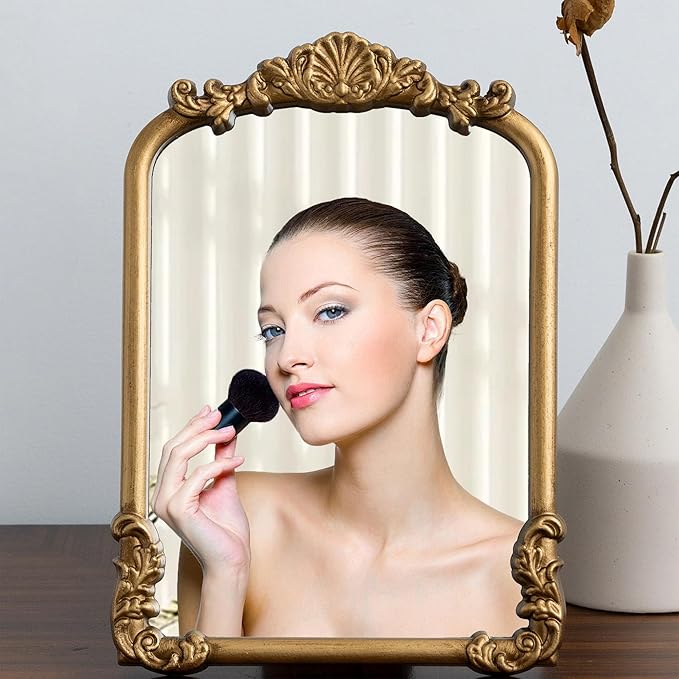Vintage Vanity Mirror Small Gold Makeup Desk Mirror with Stand Antique Traditional Arched Table Mirror 8.5x12 for Countertop Tabletop Living Room Bedroom Bathroom