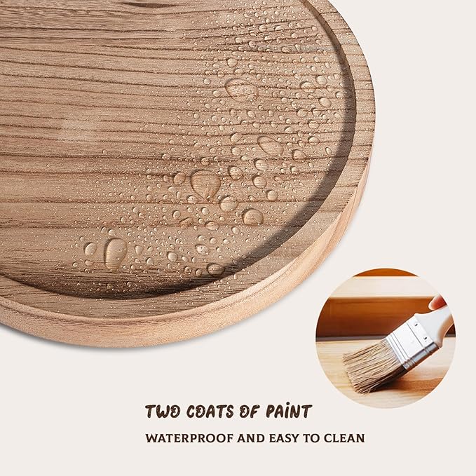Round Decorative Tray Wood Bathroom Counter Organizer Farmhouse Kitchen Decor Wooden Riser for Soap Dish, Perfume, Candle, Sponge, 10" - Brown