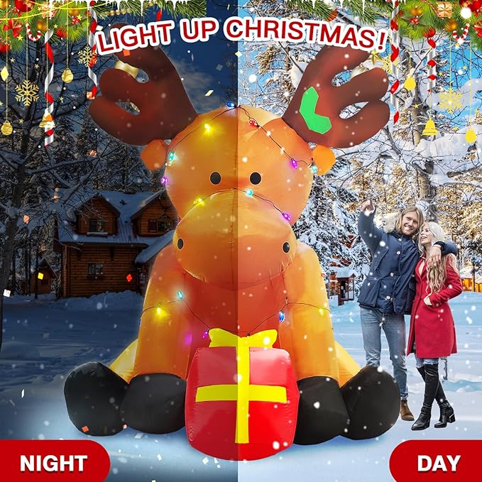 8 FT Christmas Inflatable Outdoor Decorations, Giant String Lights Reindeer Blow up Yard Decor with Red Gift Box, 26 LED Lights Xmas Holiday Decorations for Outside Lawn Garden Indoor