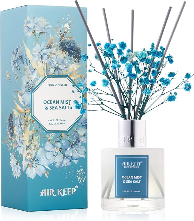 Airkeep Reed Diffuser Set,3.38 fl oz (100 ml) - Ocean Mist&Sea Salt Oil Diffusers with 8 Reed Sticks,Home Fragrance Reed Diffuser for Bathroom Shelf Decor