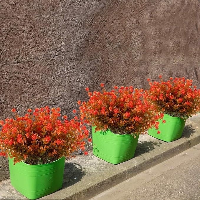 Happylife 6 Bundles Artificial Flowers, Fake Artificial Greenery UV Resistant No Fade Faux Plastic Plants for Wedding Bridle Bouquet Indoor Outdoor Home Garden Kitchen Office Table Vase (Orange Red)