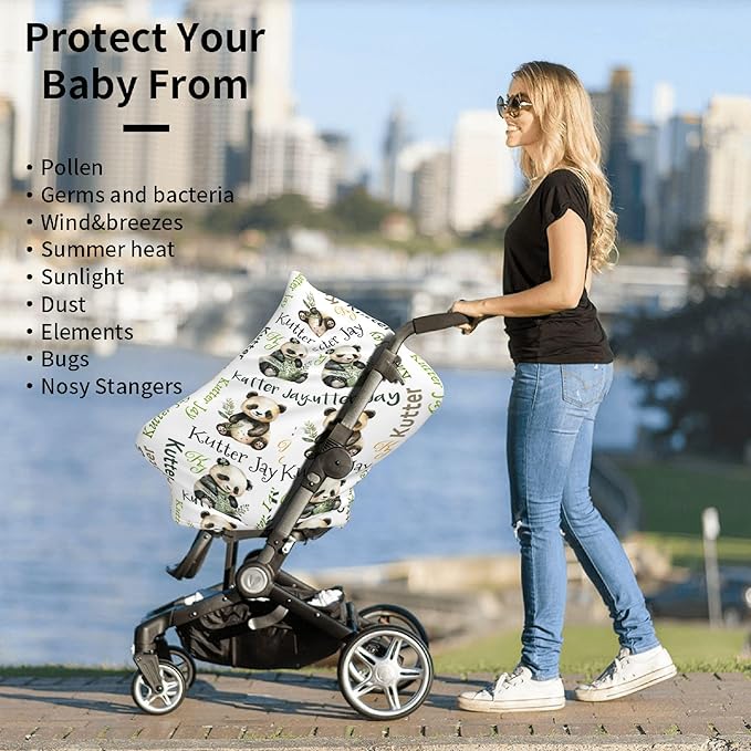 Personalized Panda Baby Car Seat Cover with Name,Multi-Use Canopy for Nursing, Strollers,Shopping Carts,Customized Breastfeeding Cover, Full Privacy,Infant Stroller Cover